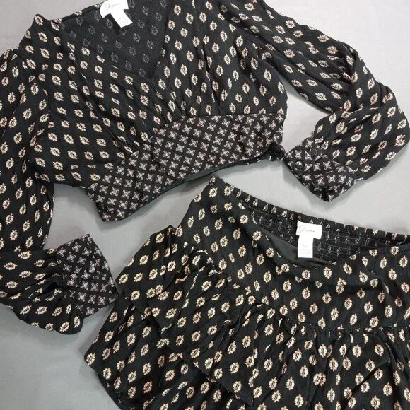 Jopaa Black & White Boho Smocked Crop Top & Tiered Mini Skirt Size M - Picture 11 of 12